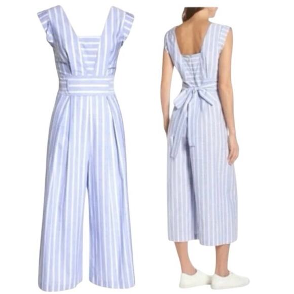 1901 Nordstrom Jumpsuit Women 6 Petite Powder Blue & White Striped Wide Leg - Picture 1 of 10
